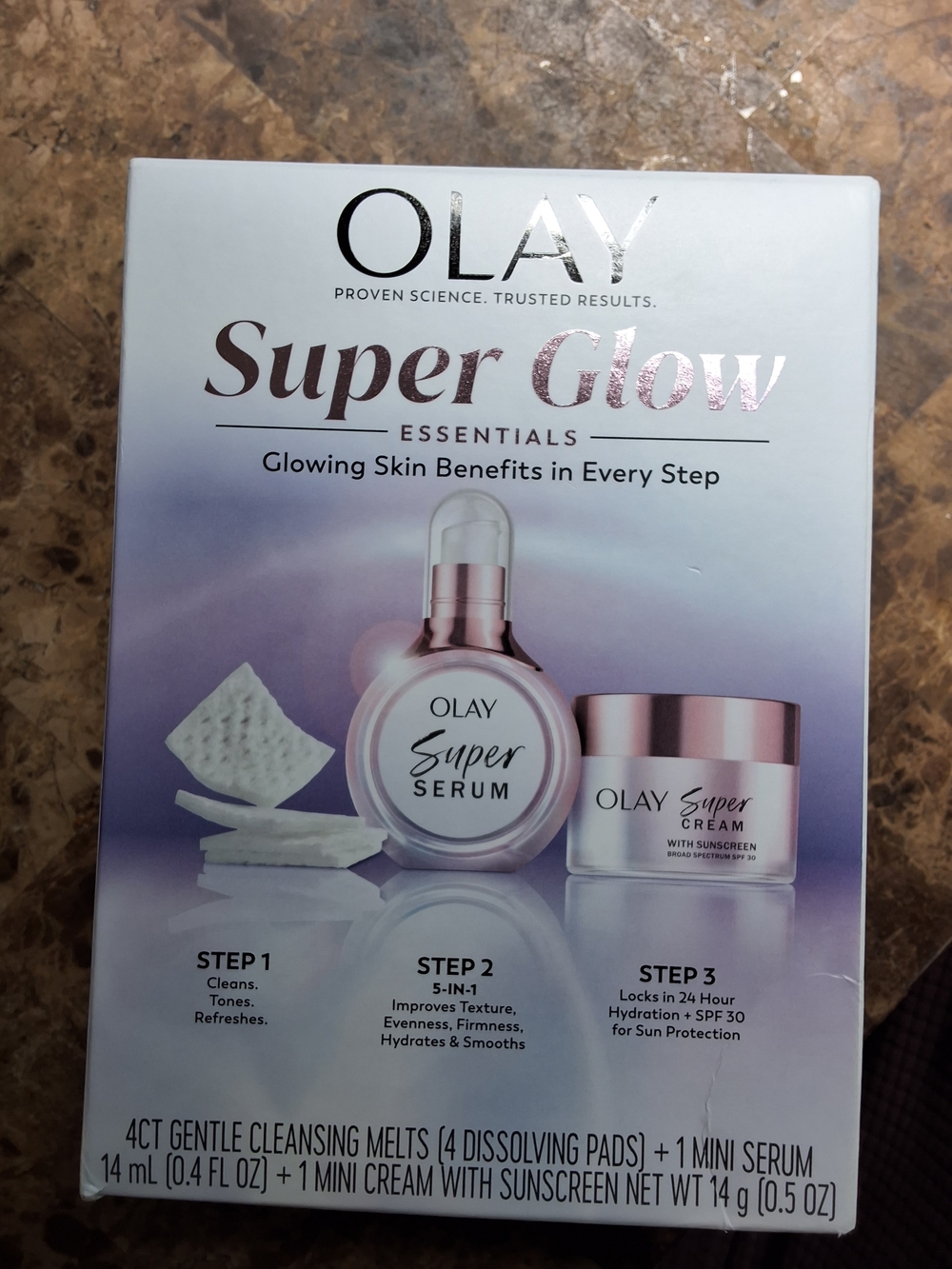 Olay Super Glow Essentials Skincare Set Mini Serum Cream SPF 30 Travel Kit NIB